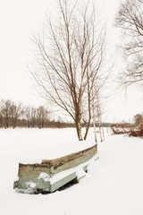 Boat covered with snow under a tree