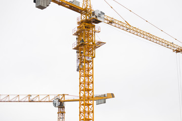 Two modern yellow construction cranes above sky