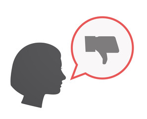 Isolated female head with a thumb down hand