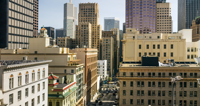 Cityscape of skyscrapers and apartment buildings.