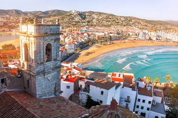 Wall murals Mediterranean Europe Spain. Valencia,  Peniscola. View of the sea from a height of Pope Luna's Castle. The medieval castle of the Knights Templar on the beach. Beautiful view of the sea and the bay. Mediterranean Sea. 