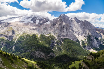 View of the Marmolada, also known as the Queen of the Dolomites. Marmolada is the highest mountain of the Dolomites, situated in northeast of Italy.