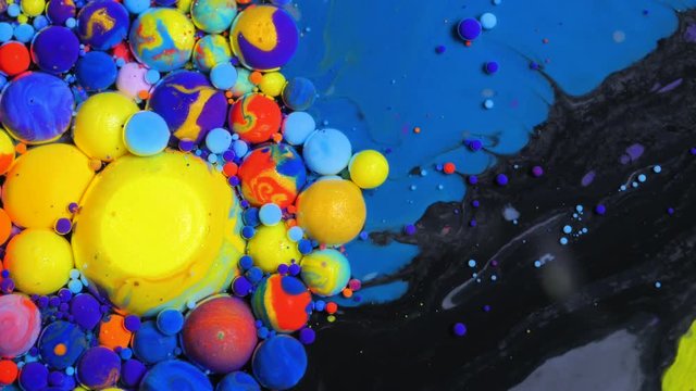 Slow Motion Beautiful Macro Surface Multicolored Red Blue Black And Yellow Bright Collors Paint Bubbles Universe Of Color Moving Oil