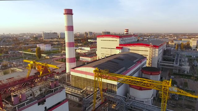Aerial shot of Krasnodar. Panorama of modern thermal power station. Russia. 4K