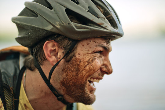 Close up mountain biker laughing