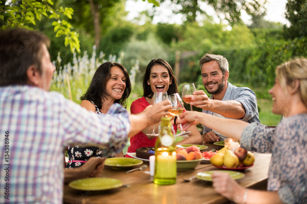 Poster Group of friends toasting during a party on a terrace in summer