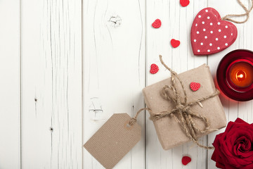 Valentine's day background with hearts, rose and gift box