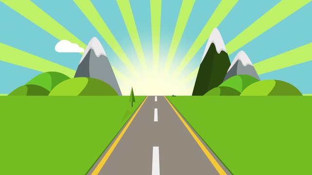 ride through a cartoon highway seamless loop. Animated road on a sunny day with space for your object, text or logo Seamlessly loop. Colorful cartoon nature background.