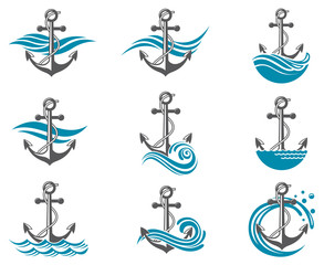 collection of anchor symbol with sea waves © Alexkava