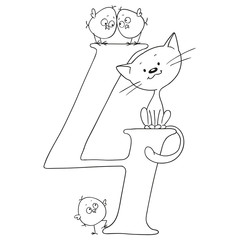 Number four. Cartoon animals and signs. Chicken and kitten. Funny figures for coloring book. Vector