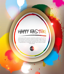 Happy Easter greeting. Design elements for holiday cards. Paper Easter egg on the colorful watercolor design with realistic shine and shadow on the light background. Vector illustration. Eps10.