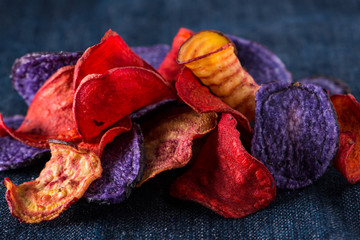 Sweet potato,candy striped beet and blue potato chips.Real vegetable chips.