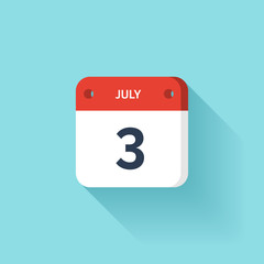 July 3. Isometric Calendar Icon With Shadow.Vector Illustration,Flat Style.Month and Date.Sunday,Monday,Tuesday,Wednesday,Thursday,Friday,Saturday.Week,Weekend,Red Letter Day. Holidays 2017.