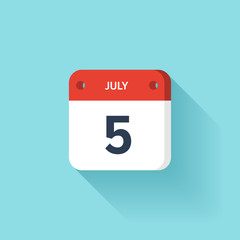 July 5. Isometric Calendar Icon With Shadow.Vector Illustration,Flat Style.Month and Date.Sunday,Monday,Tuesday,Wednesday,Thursday,Friday,Saturday.Week,Weekend,Red Letter Day. Holidays 2017.