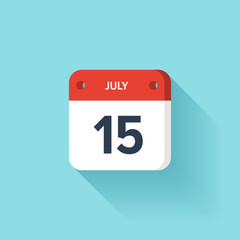 July 15. Isometric Calendar Icon With Shadow.Vector Illustration,Flat Style.Month and Date.Sunday,Monday,Tuesday,Wednesday,Thursday,Friday,Saturday.Week,Weekend,Red Letter Day. Holidays 2017.
