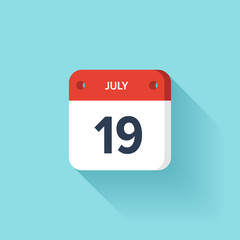 July 19. Isometric Calendar Icon With Shadow.Vector Illustration,Flat Style.Month and Date.Sunday,Monday,Tuesday,Wednesday,Thursday,Friday,Saturday.Week,Weekend,Red Letter Day. Holidays 2017.