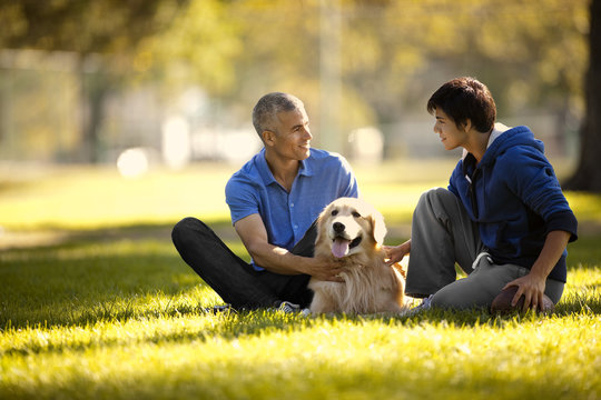 Mature man and his son having fun petting their dog together while sitting in a park.