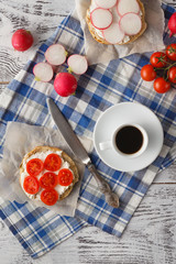 healthy breakfast with fresh tomato and coffee