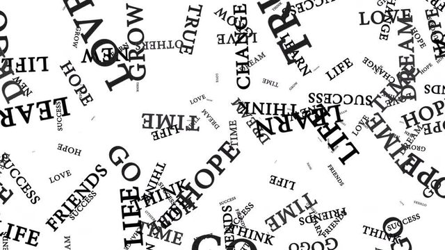 Essential Words flying over white background seamless loop full hd and 4k, life and success concept. study and business concept. Brainstorming background.