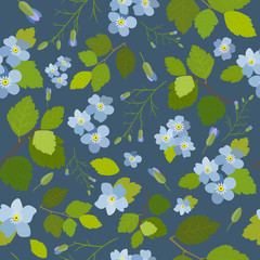 Fototapeta na wymiar Spring stylish beautiful bright floral seamless pattern. Abstract Elegance vector illustration texture with blue flowers on dark blue background.