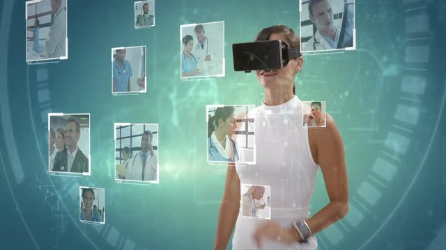 Businesswoman wearing virtual reality headset