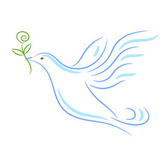 Peace dove sketch symbol vector illustration. Blue outline bird with branch in beak.