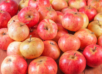 Fototapeta na wymiar Harvested apples lie on a wooden background.