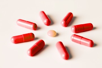 medical pills and capsules pattern on white background. flat lay, top view.