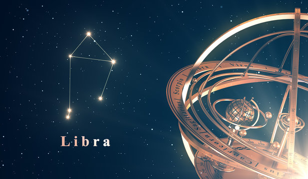 Zodiac Constellation Libra And Armillary Sphere Over Blue Background