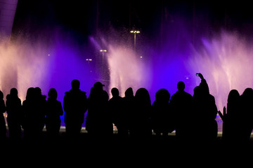 Black silhouettes of people watching a fountain show