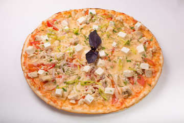 Pizza with cheese, tomatoes and chicken on a white background