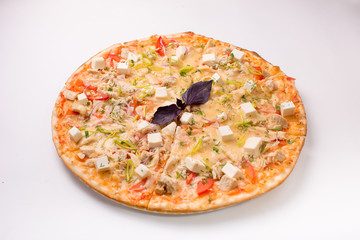Pizza with cheese, tomatoes and chicken on a white background