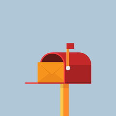 Flat Red Mailbox Illustration, Yellow mail envelope in the red mailbox