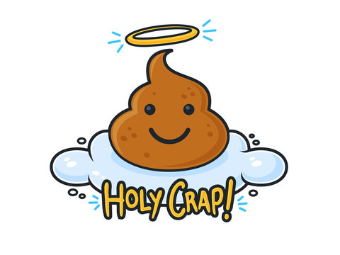 Poop Cartoon Character On Cloud In Heaven With Holy Crap Text Vector Illustration