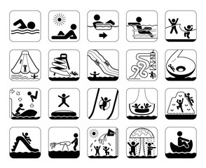 Collection of premium quality pictograms and signs for aqua park providing information, bans and warnings for swimming pool visitors. Water park. Summer fun. - obrazy, fototapety, plakaty