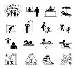 Collection of premium quality pictograms and signs for aqua park providing information, bans and warnings for swimming pool visitors. Water park. Summer fun.