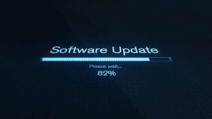 Software update on computer screen with futuristic blue progress bar