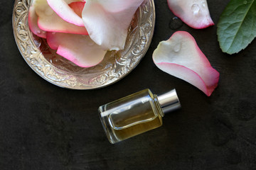 Essential oil with rose petals on color background