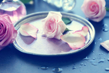 Obraz na płótnie Canvas Rose petals and oil on color background