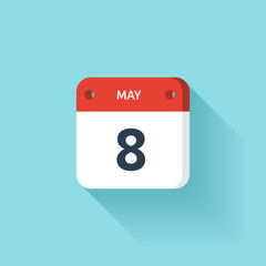 May 8. Isometric Calendar Icon With Shadow.Vector Illustration,Flat Style.Month and Date.Sunday,Monday,Tuesday,Wednesday,Thursday,Friday,Saturday.Week,Weekend,Red Letter Day. Holidays 2017.