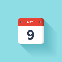 May 9. Isometric Calendar Icon With Shadow.Vector Illustration,Flat Style.Month and Date.Sunday,Monday,Tuesday,Wednesday,Thursday,Friday,Saturday.Week,Weekend,Red Letter Day. Holidays 2017.