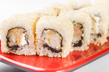 hot rolls Nori fish sushi frying rice cheese Philadelphia California salmon