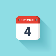 November 4. Isometric Calendar Icon With Shadow.Vector Illustration,Flat Style.Month and Date.Sunday,Monday,Tuesday,Wednesday,Thursday,Friday,Saturday.Week,Weekend,Red Letter Day. Holidays 2017.