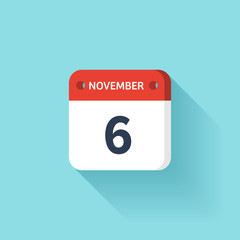 November 6. Isometric Calendar Icon With Shadow.Vector Illustration,Flat Style.Month and Date.Sunday,Monday,Tuesday,Wednesday,Thursday,Friday,Saturday.Week,Weekend,Red Letter Day. Holidays 2017.