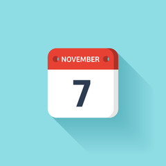 November 7. Isometric Calendar Icon With Shadow.Vector Illustration,Flat Style.Month and Date.Sunday,Monday,Tuesday,Wednesday,Thursday,Friday,Saturday.Week,Weekend,Red Letter Day. Holidays 2017.