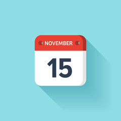 November 15. Isometric Calendar Icon With Shadow.Vector Illustration,Flat Style.Month and Date.Sunday,Monday,Tuesday,Wednesday,Thursday,Friday,Saturday.Week,Weekend,Red Letter Day. Holidays 2017.