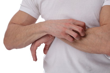 Man Scratching an itch on white background . Sensitive Skin, Allergic Reaction, Irritation