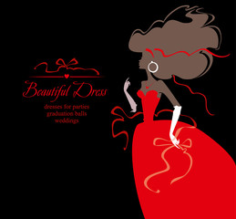 Beautiful red dress. Vector illustration of a young woman in a magnificent dress with ribbons.