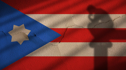 Fototapeta premium Thinker Shadow on puerto Rico Flag and Cracked Concrete Wall