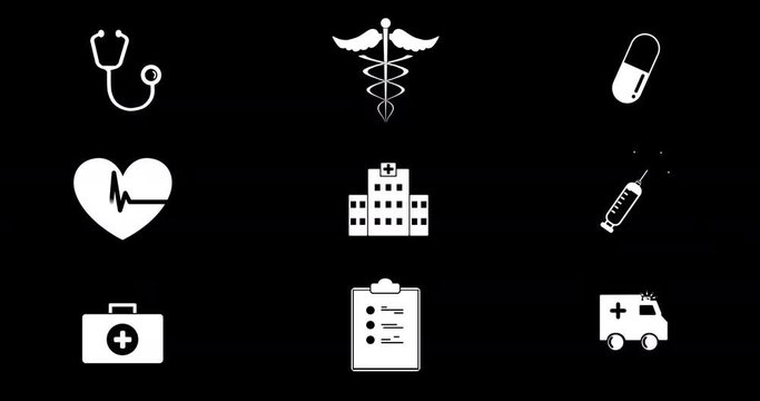 Different medical symbols against black background 4k